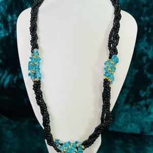 Black Seed Bead Necklace with Turquoise Blue Accents - Women Jewelry